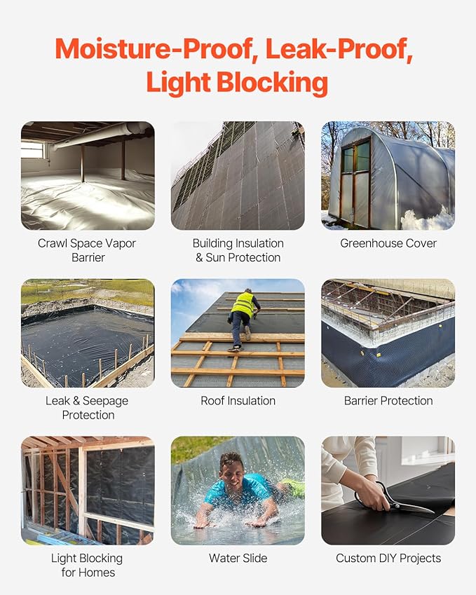 VEVOR 10 Mil Plastic Sheeting Heavy Duty 5' x 100', Thick Plastic Sheeting Roll, Plastic Drop Cloth Painters Tarp, Polyethylene Covering for Crawl Space Vapor Barrier, Multi-Purpose, Black