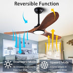 42" Wood Ceiling Fans with Lights and Remote Control,Indoor Outdoor 3 Blades Wooden Ceiling Fan for Garage,Patio,Living Rooms,Bedrooms,Offices,Farmhouse(Black+Dark Walnut)