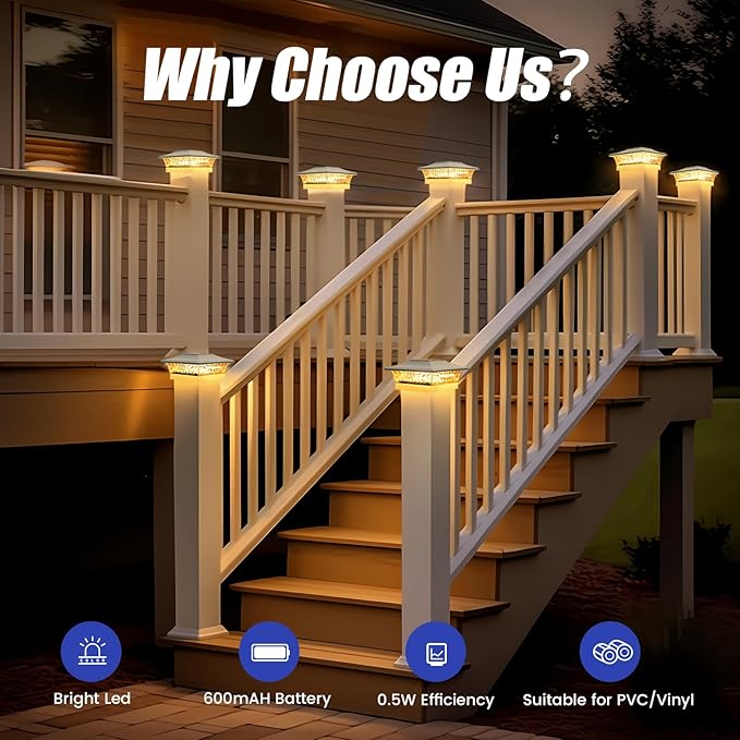 APONUO Deck Post Lights Solar Powered 12 Pack, Waterproof Outdoor LED Deck Lights for 4x4, 5x5, 6x6 Fence Posts, Warm/Cool White Light, All-Night Lighting, Auto On/Off, Patio Garden Yard Decor