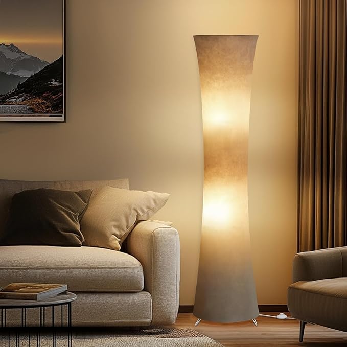 GyroVu 46" Modern Floor Lamps for Living Room, LED Column Standing Floor Lamp with 3 Color Temperature Adjustable & Gray Fabric Lampshade for Corner, Bedroom, Office & Kid's Room - Bulbs Included
