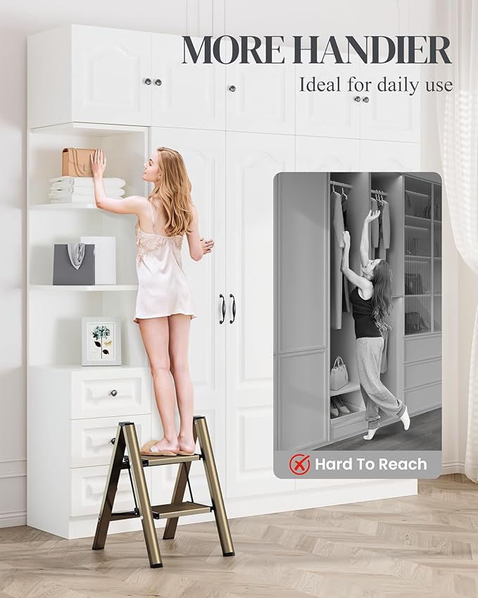 GameGem 2 Step Ladder, Folding Step Stool with Wider Pedal, Anti-Slip Feet & Non Slip Stripes, Aluminum Sturdy Material, 300Lbs Capacity, Elegant Look of Champagne Gold Better Matches Your Home