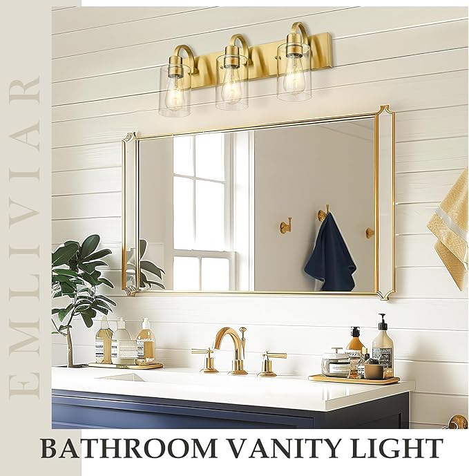 Emliviar 3-Light Vanity Lights for Bathroom, Brushed Gold Bathroom Light with Clear Glass Shade, YCE237B-3W BG