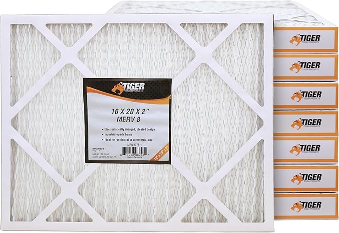 Tiger Tough 16x20x2 MERV 8 MPR 600-800 Air Filter, High-Performance AC Furnace & HVAC Filter, 8-Pack