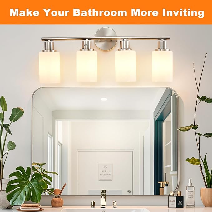 DLLT 4-Light Bathroom Light Fixtures: Nickel Modern Vanity Lights with E26 Bulbs - Milky White Glass Shade Bathroom Wall Lamp for Mirror Kitchen Living Room Hallway Cabinet Porch