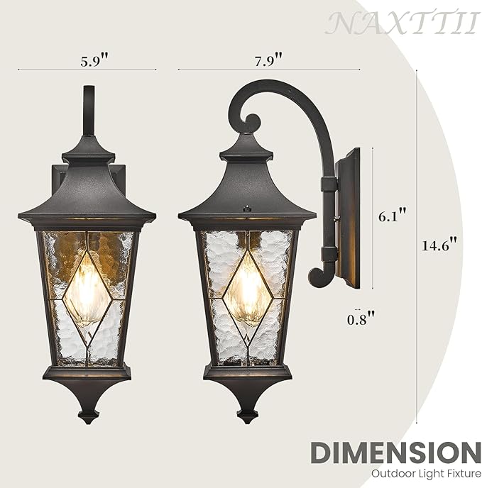 Outdoor Sconce Lights Black Porch Lights Outdoor Aluminum Waterproof Exterior Lighting Fixtures with Water Ripple Handmade Solder Glass E26 Socket