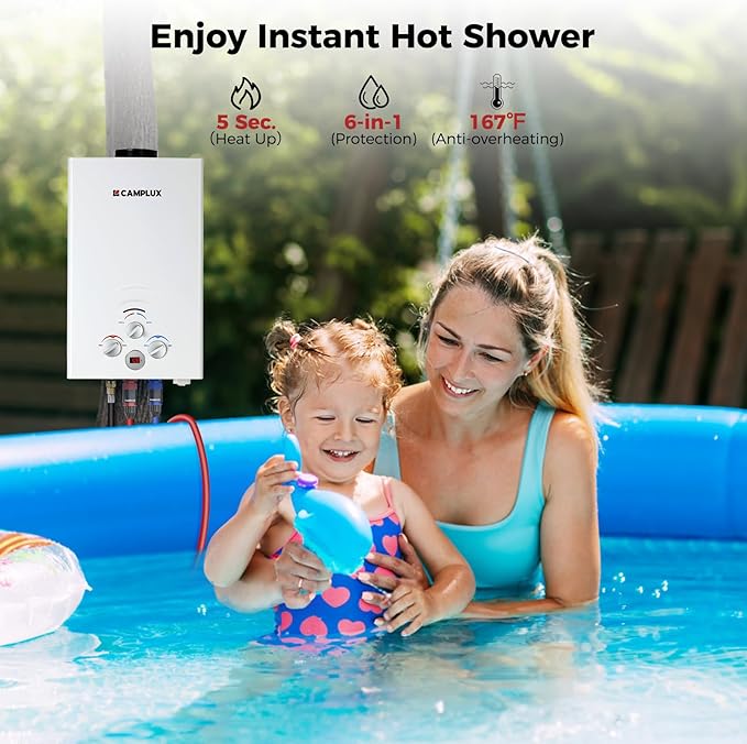 CAMPLUX 2.64 GPM Propane Portable Gas Water Heater, 68,000 BTU Outdoor Tankless Camping Water Heater with Digital Display, White