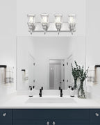 Brushed Nickel Bathroom Light, HWH 4-Light Vanity Lights for Bathroom Vanity Sconce Over Mirror, Wall Mounted Light Fixtures with Bell-Shaped Striped Glass, 5HZG106B-4W BN