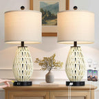 White Rattan Table Lamps Set of 2, 3 Way Dimmable Touch Control Bedside Lamp for Nightstand with 2 USB Ports and AC Outlet, Woven Wicker Bedroom Lamp, Boho Farmhouse Lamps for Living Room End Table