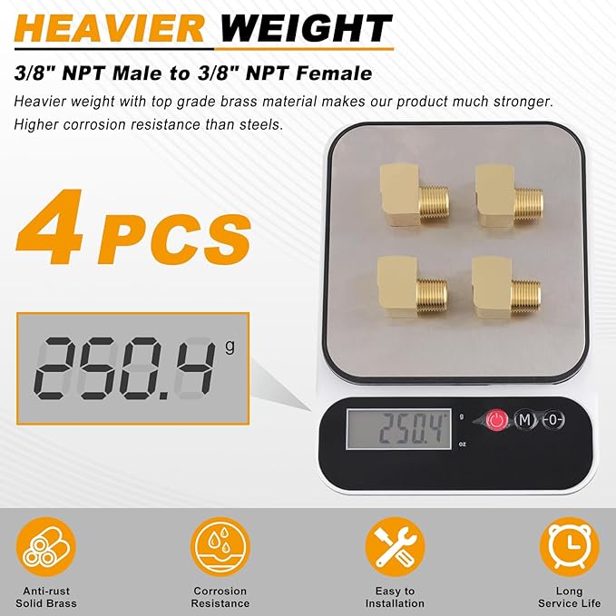 KOOTANS 4pcs 3/8 NPT 90 Degree Barstock Street Elbow Brass Fittings, 3/8" NPT Male to 3/8" NPT Female Thread Elbow Forged Brass Pipe Fitting