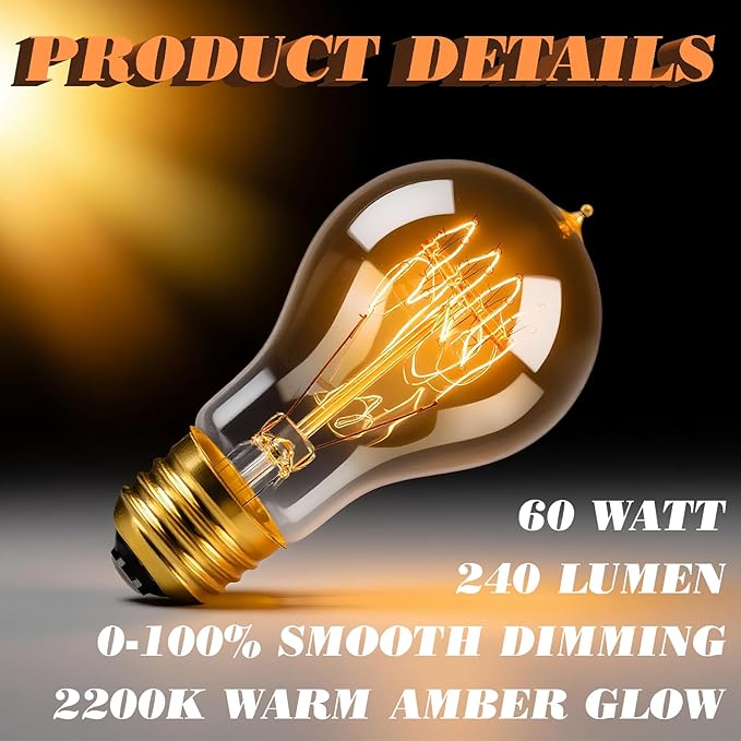 A19 Edison Light Bulbs 60w, Warm Amber, E26 Base Dimmable Vintage Bulbs for Decorative Lighting & Home Decor (Pack of 8)