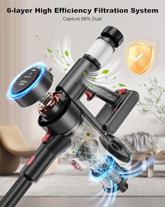 Cordless Vacuum Cleaner, 6-in-1 Lightweight Stick Vacuum with 45mins Runtime, LED Display & Light, Self-Standing, Rechargeable Cordless Vacuum for Carpet, Tile, Pet Hair, Hardwood Floors (Black)