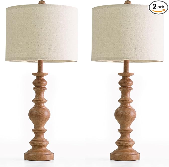 BOBOMOMO 27" Light Brown Table Lamps Set of 2, Large Farmhouse Resin Lamps with Linen Shades, Rustic Vintage Lamps for Living Room, Bedroom, Console Table or Entryway Home Lighting