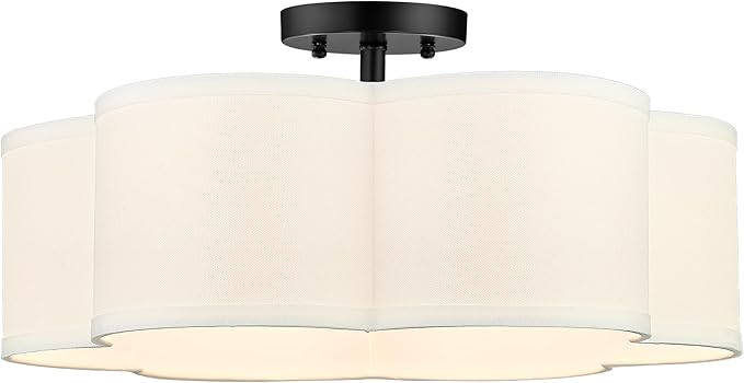 Black Semi Flush Mount Ceiling Lights, 6-Light 18Inch Ceiling Light Fixtures with Fabric Drum Shade in Flower Shape for Nursery Bedroom Kitchen, AD-22007-6SF-BK