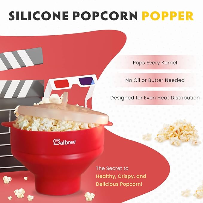 The Original Salbree Collapsible Silicone Microwave Popcorn Popper Maker Machine, Microwavable Bowl Holds 16 Cups, Uses Hot Air and Oil Always Optional - The Most Colors Available (Coral)