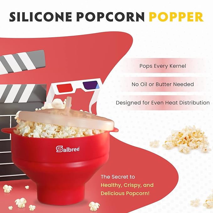 The Original Salbree Collapsible Silicone Microwave Popcorn Popper Maker Machine, Microwavable Bowl Holds 16 Cups, Uses Hot Air and Oil Always Optional - The Most Colors Available (Magenta)