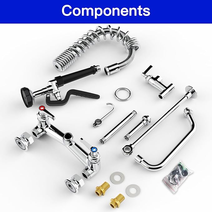 21" Height Commercial Faucet with Pre-Rinse Sprayer and 8" Add-on Swing Spout – Wall Mount Kitchen Sink Faucet,8" Adjustable Center Brass Body for 1/2/3 Compartment Restaurant Utility Sink