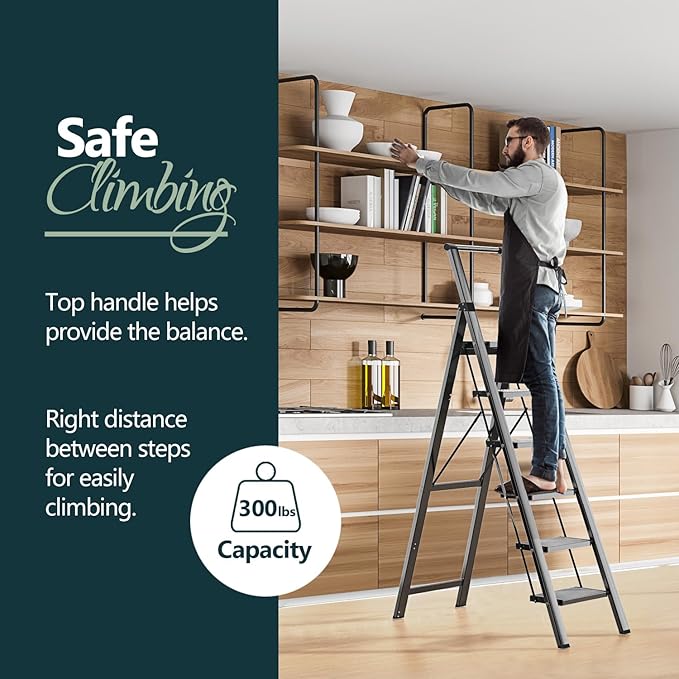 WOA WOA 6 Step Ladder for 12 Feet High Ceiling, Lightweight Foldable Ladder with Non-Slip Wide Pedals, Stepladder with Safe Handrail, Space Saving for Home, Kitchen, Indoor & Outdoor 300lbs - Black