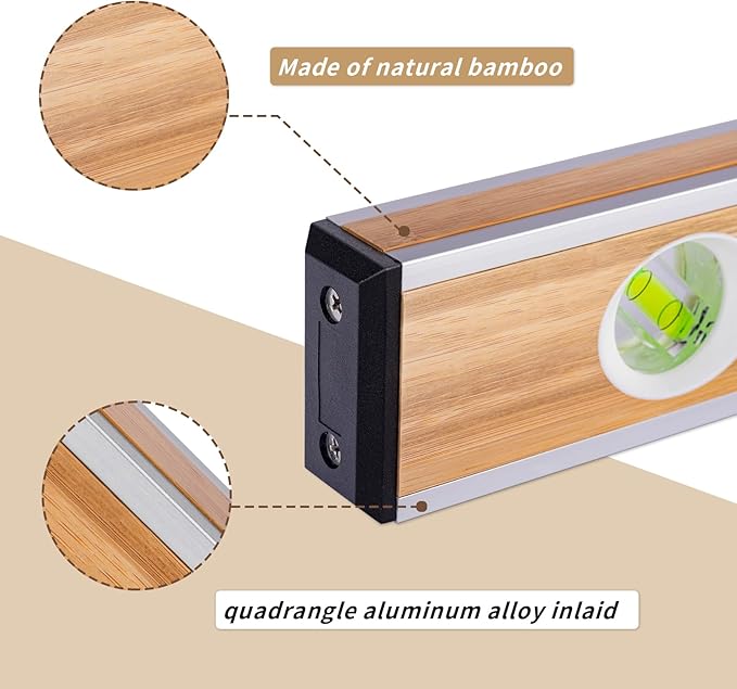 BETHEL 24-inch Bamboo Level, Mortar Adhesion Resistant Light Level, with Double Curved Acrylic Leveling Tubes for Masonry Applications and General Leveling