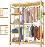 Homykic Bamboo Clothes Rack Garment Rack for Hanging Clothes, Heavy Duty Clothing Rack with 7 Tiers Adjustable Shelves, Double Rods, 4 Hooks, Freestanding Closet System Organizer Wardrobe, Natural