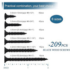 High Hardness Black Wood Screws Assortment Kit, 209 pcs, Phillips Drive Flat Head, Wood Screws, Screws, Drywall Screws, Assorted Screws, Screws Set, 6 Sizes (2”,1-1/2”,1-1/4”,1”,3/4”,1/2”)