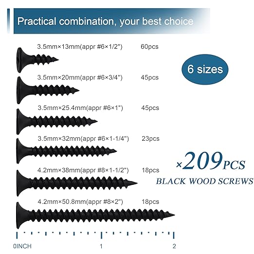 High Hardness Black Wood Screws Assortment Kit, 209 pcs, Phillips Drive Flat Head, Wood Screws, Screws, Drywall Screws, Assorted Screws, Screws Set, 6 Sizes (2”,1-1/2”,1-1/4”,1”,3/4”,1/2”)