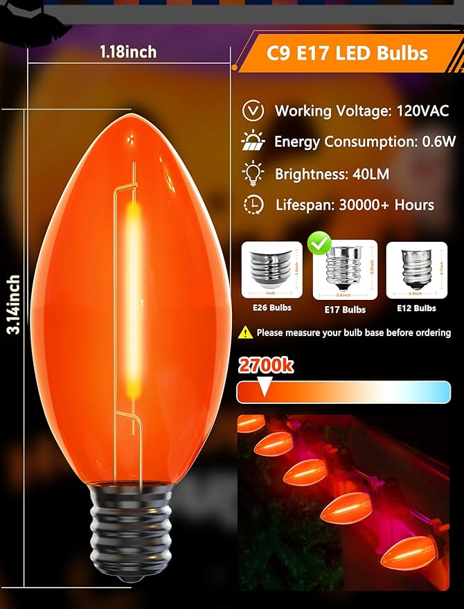 25 Pack C9 Christmas White LED Light Bulb,Vintage Warm White Plastic C9 Replacement Bulbs Shatterproof C9/E17 Intermediate Base 0.6 Watt Great for Night Lights Christmas Outdoor String Lights