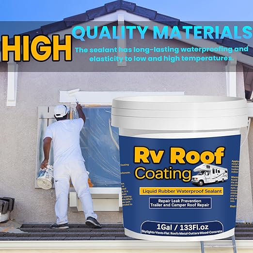 1Gal/133Fl.oz Liquid Rubber Rv Roof Coating White Waterproof Sealant Camper Roof Repair Solar Reflective Sealant with Wooden Brush Putty Knife Work Gloves Paint Roller Drywall Repair Tape
