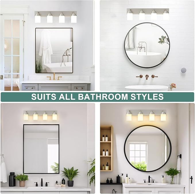 IZORRO Bathroom Vanity Light Fixture, 4-Light 27.5 Inch Brushed Nickel Bathroom Light Fixtures Over Mirror, with White Glass Shade, Modern Farmhouse Vanity Lights, Rustic Restroom Lighting Fixtures