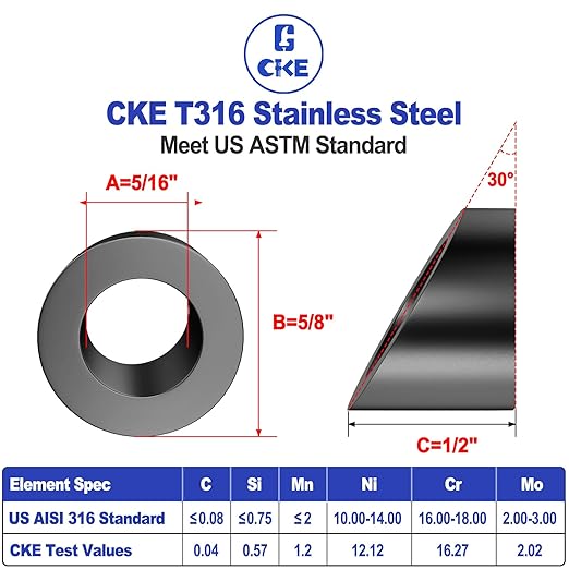 CKE 30 Pack Black 5/16" ID Angle Beveled Washer 25 30 35 Degree for 1/8" 5/32" 3/16" Stair Cable Railing Kit for Wood Metal Post, T316 Stainless Steel 30 Degree Cable Railing Angle Washers BCR17