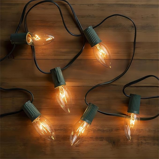25 Pack C9 Clear Light Bulbs,Replacement Incandescent Bulbs for Christmas String Light,C9/E17 Candelabra Base 7 Watt Great for Outdoor Indoor Holiday Party