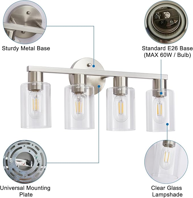 4 Light Bathroom Vanity Light, Brushed Nickel 4-Light Bathroom Light Fixtures, Vanity Lights for Make-Up Mirror, Modern Lighting Fixtures with Clear Glass Shade for Bedroom Living Room