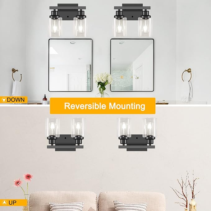 Bathroom Vanity Light, 2-Light Modern Matte Wall Sconce Lighting with Clear Glass Shade, Wall Lights,Bath Vintage Wall Mounted Lamps for Mirror Bedroom Living Room