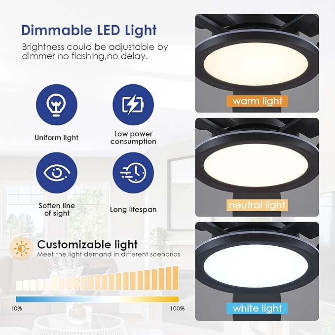 52" Flush Mount Ceiling Fan with Lights and Remote - Black Modern Ceiling Fan, Reversible and 5 Dual-Sided Blades, Low Profile Fan Light for Indoor Bedroom, Covered Patios