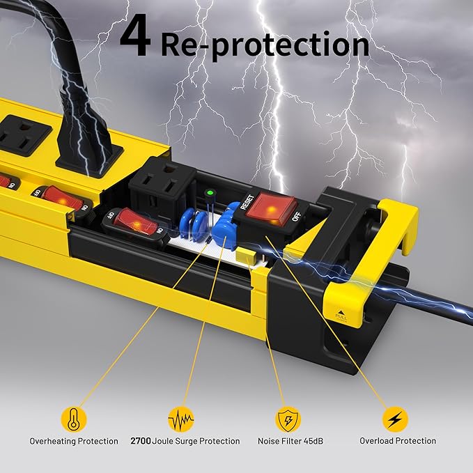 Power Strip 10 Outlet,3300J Surge Protector with Individual Switches,9FT Cord 14AWG/15AMP/1875W,Metal Heavy Duty Power Strip with Cord Manager,for Workshop,Garage,Shop,Home