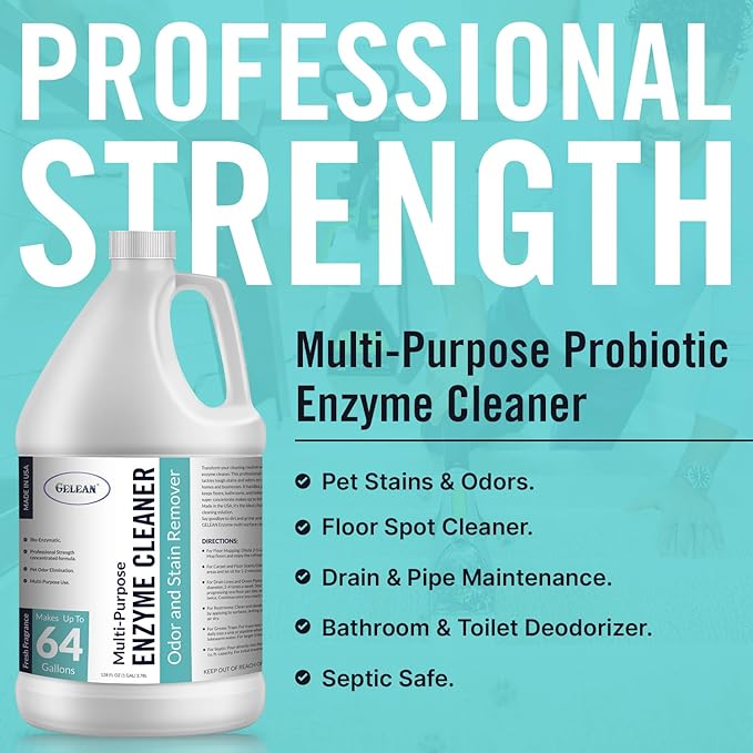 Multi-Purpose Probiotic Enzyme Cleaner, Made in USA - Pet Stain and Odor Remover - Concentrated - Professional & Home Strength Drains, Floors, Bathrooms, Toilets Trash Can, (1 gallon, Fresh fragrance)