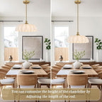 15.7" Vintage Flower Gold Chandelier - Adjustable Height White Milk Glass Shades Pendant Light Fixture for Kitchen Island, Dining Room, Bedroom