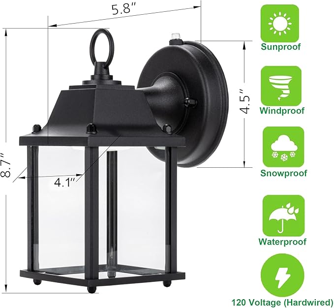 LIT-PaTH Dusk to Dawn Outdoor Wall Lantern, LED Wall Sconce, 5000K Daylight White, 9.5W, 800 Lumen, Aluminum Housing Plus Glass, Outdoor Rated, 2-Pack, Black