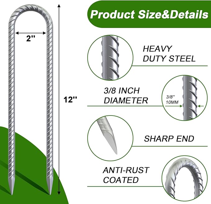 AAGUT 12 Inch Trampoline Stakes 6 Pack 3/8" U Shaped Rebar Ground Anchors Heavy Duty High Winds Galvanized Steel Trampolines Accessories for Swing Set, Camping, Soccer Goal, Huge Garden Decoration