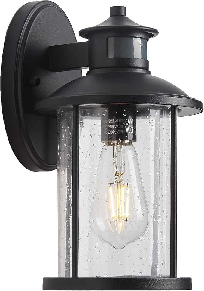 MICSIU 11.5 Inch Motion Sensor Outdoor Wall Light Fixture, Dusk to Dawn Outdoor Light with Clear Seedy Glass, Matte Black Exterior Light for House, Front Porch, Garage, Walkway