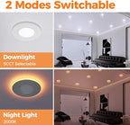 24 Pack 3 Inch Led Recessed Lights with Night Light, Canless Ultra Thin Wafer Soffit Recessed Lighting Downlight, Dimmable & 5 Color Temperature Selectable, 6W, ETL, White