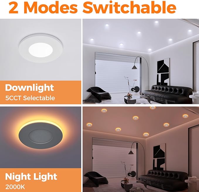24 Pack 3 Inch Led Recessed Lights with Night Light, Canless Ultra Thin Wafer Soffit Recessed Lighting Downlight, Dimmable & 5 Color Temperature Selectable, 6W, ETL, White