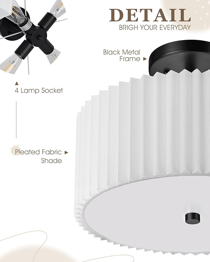 Semi Flush Mount Ceiling Lights, 4-Light 18" Matte Black Ceiling Light Fixture with White Pleated Fabric Shade, Drum Lamp for Nursery Hallway Bedroom Kitchen, AD-25036-4SF-BK