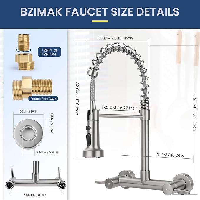 Wall Mount Kitchen Sink Faucet, 8 Inch Center Wall Mount Kitchen Faucets with 3-Function Pull Down Sprayer, Dual Handles Commercial Faucet for Kitchen Laundry Restaurant (Brushed Nickel)