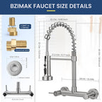 Wall Mount Kitchen Sink Faucet, 8 Inch Center Wall Mount Kitchen Faucets with 3-Function Pull Down Sprayer, Dual Handles Commercial Faucet for Kitchen Laundry Restaurant (Brushed Nickel)