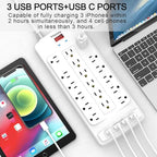 18 Outlets Surge Protector Power Strip - 6 Feet Flat Plug Heavy Duty Extension Cord with 18 Widely Outlets and 4 USB Ports, 2100 Joules, White, ETL Listed