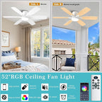 52inch White Ceiling Fans with Lights and Remote/App Control, Low Profile Ceiling Fan with Light and 6 Double-Side blades, Flush Mount, LED/RGB Dimmable DC Reversible Modern Ceiling Fan for