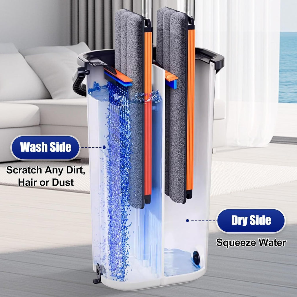 Easywring Washable Mop and Bucket with Wringer Set for Home, Durable and Sturdy Aluminum Flat Mop Head, 2-Chamber, Wet and Dry for All Surfaces, with 8 Reusable Microfiber Mop Pads 13 inch (16 Inch)