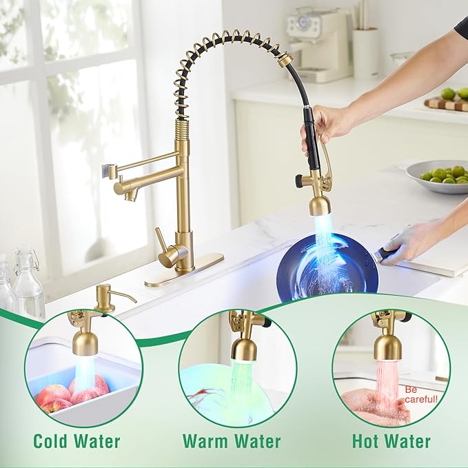 Fapully Commercial Kitchen Faucets with Pull Down Sprayer Brushed Gold LED Single Handle Faucet for Kitchen Sink, Kitchen Faucet with Soap Dispenser and Deck Plack for 4 Hole