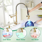 Fapully Commercial Kitchen Faucets with Pull Down Sprayer Brushed Gold LED Single Handle Faucet for Kitchen Sink, Kitchen Faucet with Soap Dispenser and Deck Plack for 4 Hole