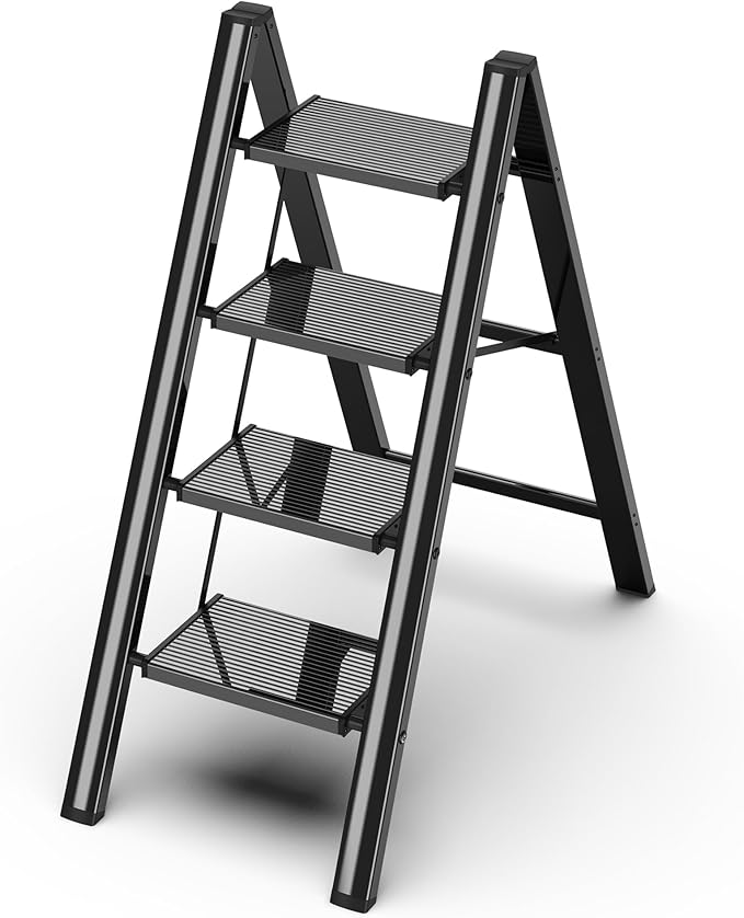 GameGem 4 Step Ladder, Folding Step Stool with Wider Pedal, Anti-Slip Feet & Non Slip Stripes, Aluminum Sturdy Material, 300Lbs Capacity, Elegant Look of Piano Black Better Matches Your Home